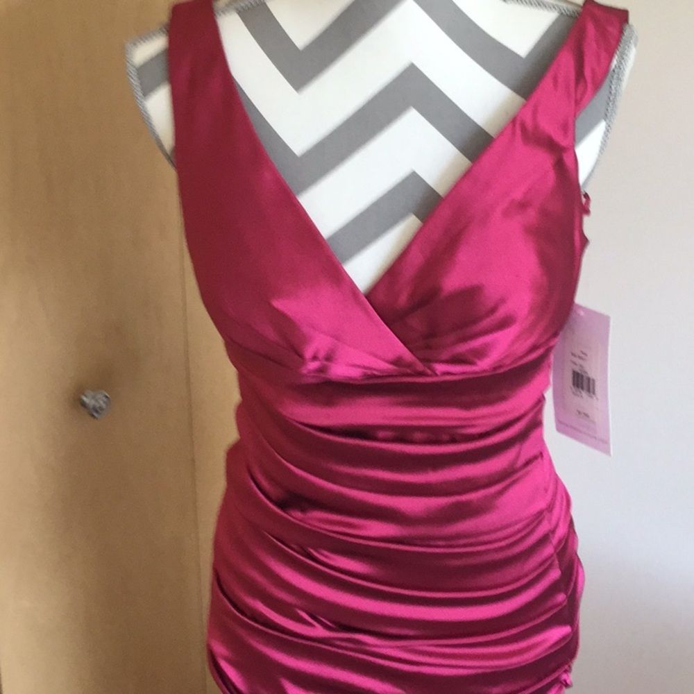Theia Ruched Stretch Taffeta Gown - Picture 7 of 8